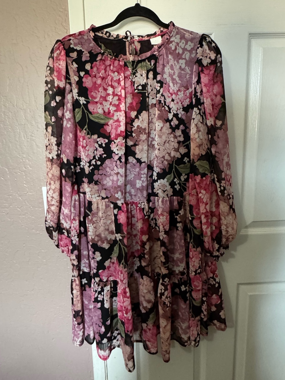H&M Black Floral Tiered Long-Sleeve Dress with Pink and Purple Blooms